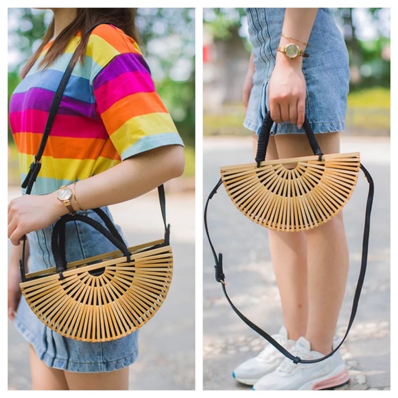 Black braided bamboo handbag with canvas bag - Picture 5 of 13